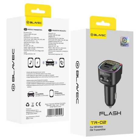 ΚΕΦΑΛΗ ΦΟΡΤΙΣΗΣ ΑΥΤΟΚΙΝΗΤΟΥ 1xUSB 1x TYPE-C ΜΕ FM TRANSMITTER BLAVEC TR-02 FLASH